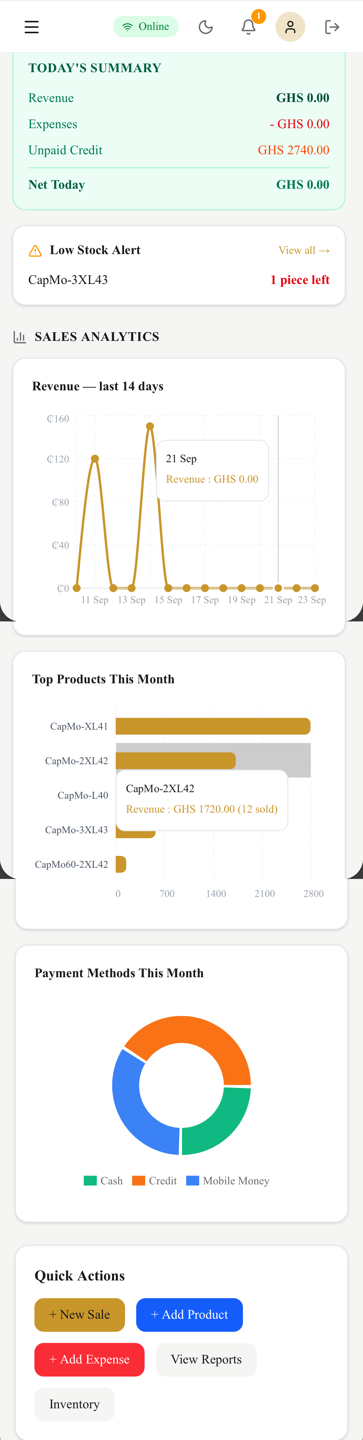 Morlito ERP on mobile for Captain Moroni's Wears, scrolling through today's summary, low stock alert, revenue chart, top products, payment methods and quick actions